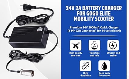 *Brand NEW*GoGo Mobility Scooter - Premium 24V 2000mA Quick Charger (3-Pin XLR Connector) for Drive Medical, G