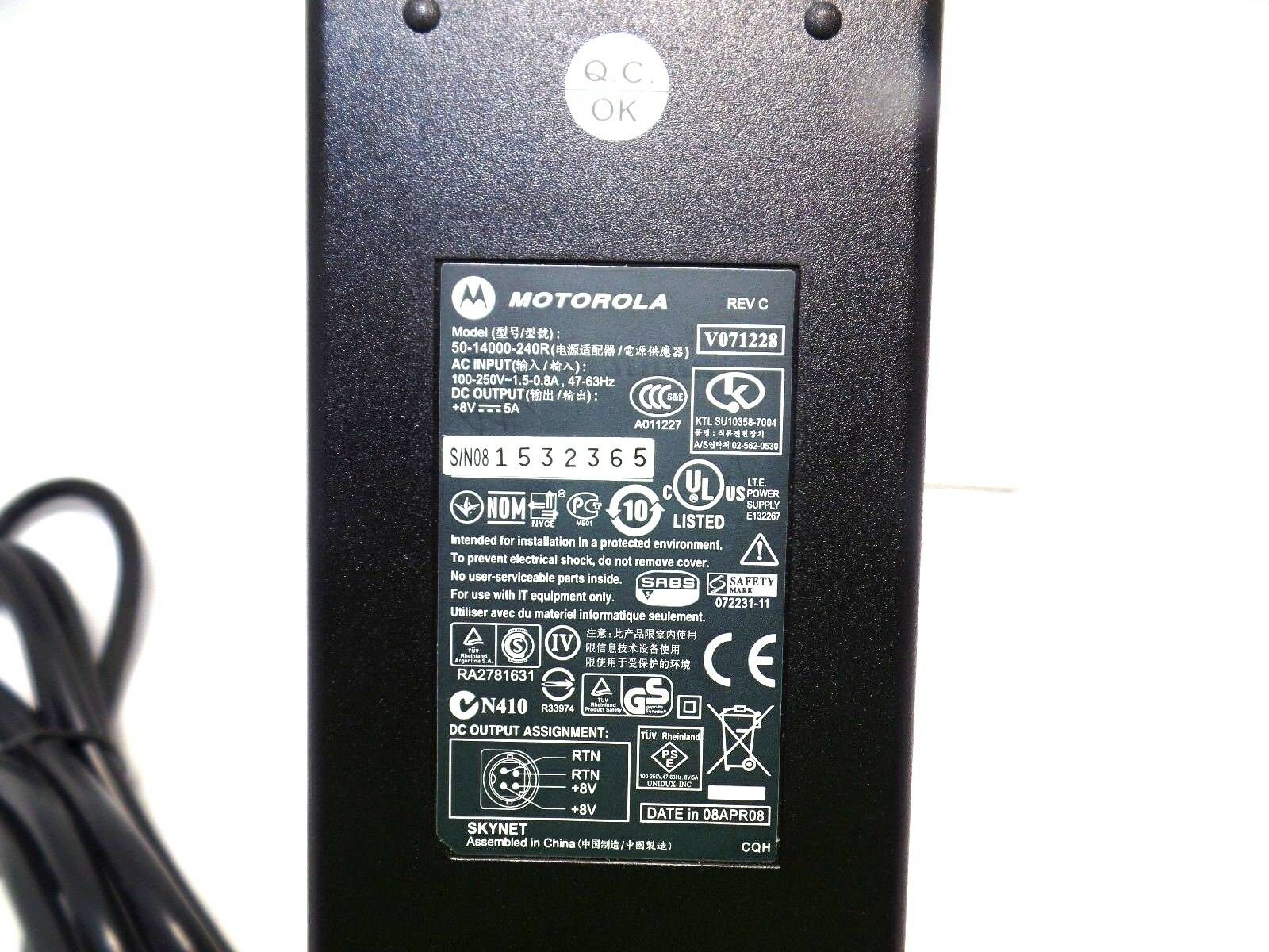 *Brand NEW*Motorola 50-14000-240R AC 100-250V 1.5-0.8A DC +8V 5A Power Adapter - Click Image to Close
