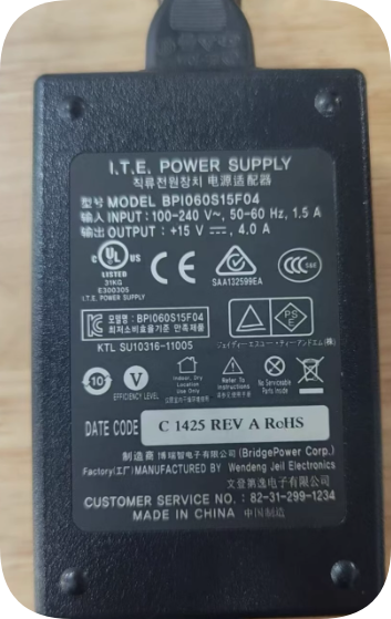 *Brand NEW*Suitable for I.T.E. Borui Smart 15V 4.0 Power Adapter BPI060S15F04 Round Port 15V 4A 60W