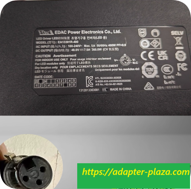 *Brand NEW*EDAC 48V 7.5A 360W 3 holes power adapter EA13301R-480