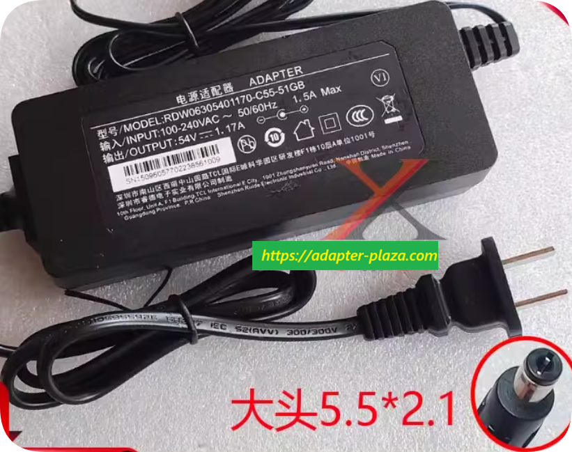 *Brand NEW*54V 1.17A 63W Power Adapter PDW06305401170-C55-51GB Round Pin Charging Cable Transformer